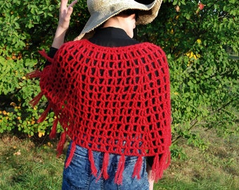 Red crochet alpaca fringe poncho woman clothing, Mamma Mia 2 inspired poncho, Gift idea for friend or daughter