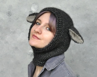 Chunky Knit Sheep Balaclava with Ears: Wool Animal Hat