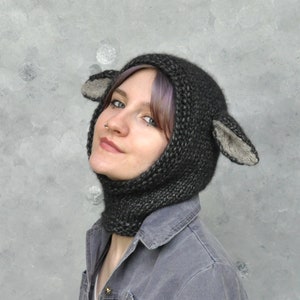 Chunky knit balaclava with ears, Black sheep balaclava hat gift for friend, Lamb knit hat made of wool yarn, Animal lover gift