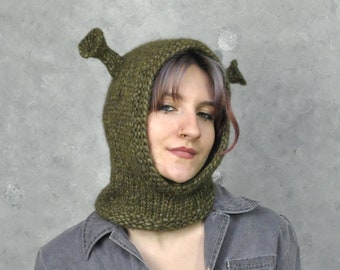 Ogre balaclava hat gift for friend, Knitted chunky balaclava with ears, Alien knit hat made of alpaca wool yarn, Animal lover gift