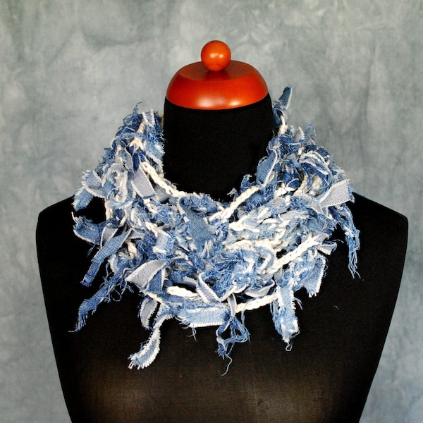Textile necklace denim jewelry, Upcycled denim necklace, Infinity scarf necklace, Eco friendly gifts for friend
