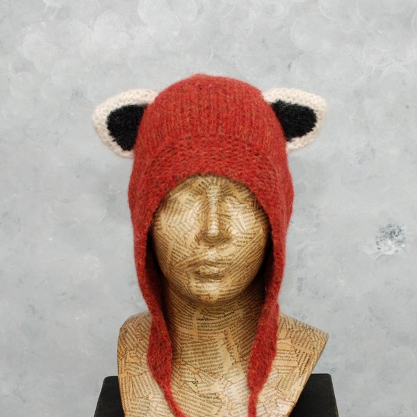 Bonnet panda rouge, bonnet en tricot d'alpaga, bonnet avec oreilles, chapeau d'hiver, bonnet pour homme en tricot, chapeau animal adulte