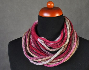 Pink Red Infinity Scarf Women, Knit Cowl Scarf, Knitted Rope Scarf, Skinny Scarf, Birthday Gift for Friend