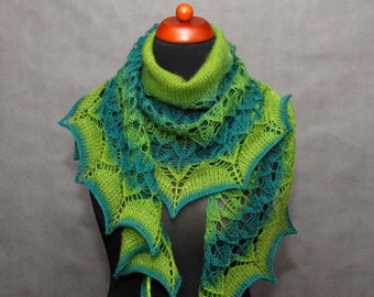 Green hand knit wool scarf for women, Knitted lace shawl with leaf pattern, Openwork stole gift for mom