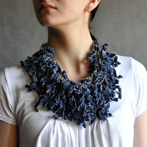 Upcycled Denim Necklace Scarf, Denim Crochet Scarf Necklace, Statement Necklace Best Eco Friendly Gifts