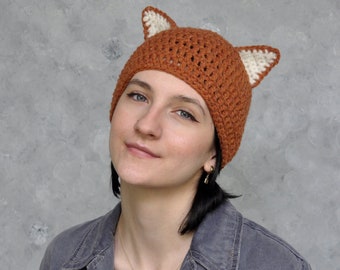 Hand crochet fox hat for adults made of wool yarn, Crocheted winter animal hat with ears, Red cat beanie hat