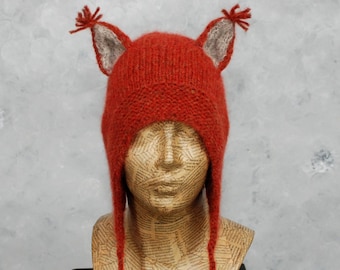 Handgestrickte orangefarbene Eichhörnchenmütze: Wintermütze aus Baby-Alpaka