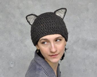 Hand crochet wolf hat for adults made of wool yarn, Crocheted winter animal hat with ears, Black cat beanie hat
