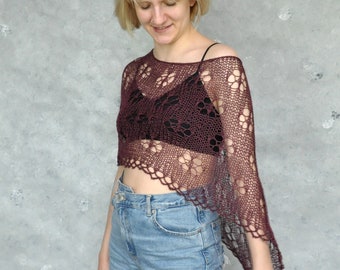 Burgundy hand knit lace linen poncho, Knitted summer cape in boho style, Beaded shawl wrap, Loose knit beach cover up