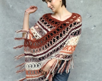 Crochet Alpaca Poncho Wrap: Earth Tone Boho Cover-Up