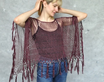 Burgundy hand knit linen poncho with fringe, Knitted summer cape in boho style, Loose knit beach cover up
