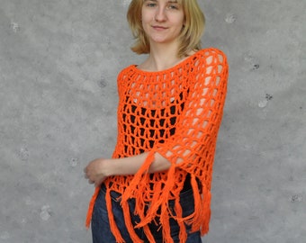 Neon orange summer crochet poncho women, Hippie fringe poncho beach cover up, Summer crochet shawl daughter gift