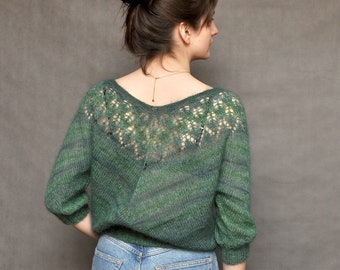 Hand Knit Mohair V-Neck Sweater: Green Pullover