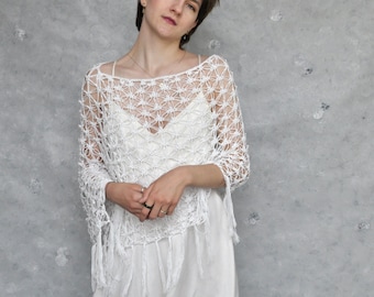 Gehäkelter Poncho für Strandhochzeit, Baumwollfransenumhang Strandvertuschung, Hippie Poncho für Sommerhochzeit