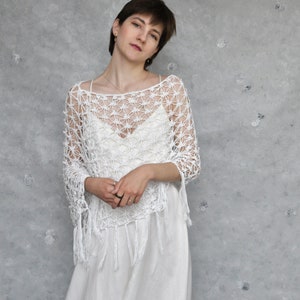 Crochet poncho for beach wedding, Cotton fringe cape beach cover up, Hippie poncho for summer wedding