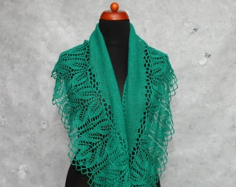 Emerald green hand knit lace shawl, Baby alpaca shawl, Bridal shawl wrap, Knitted scarf women, Emerald beaded shawl
