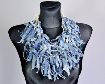 Recycled Denim Statement Necklace, Upcycled Denim Fabric Necklace, Handmade Necklace