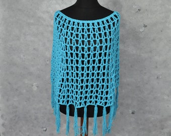 Neon blue summer crochet cotton poncho, Summer crochet lace cape friend gift, Boho fringe poncho beach cover up