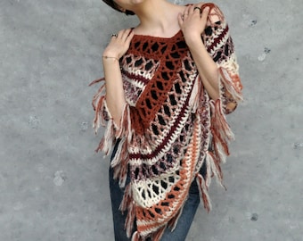 Crochet poncho in browns, Alpaca poncho wrap, Boho poncho in earth tones, Crochet cover up