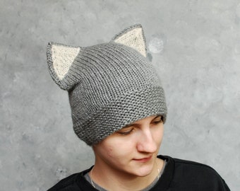 Hand knit animal hat, Knit wolf hat, Wolf ear hat, Winter hat gift for dad, Cat hat animal lover gift