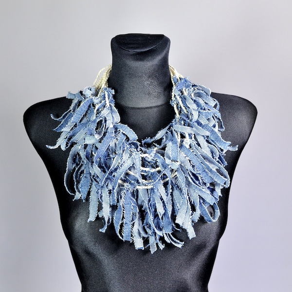 Recycled Denim Statement Necklace, Upcycled Denim Fabric Necklace, Handmade Necklace