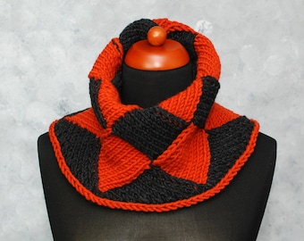 Chunky Knit Cowl Scarf, Infinity Scarf Women, Orange Gray Knitted Snood, Knit Scarf Gift for Him