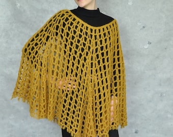 Crocheted Alpaca Poncho: Loose Knit Wool Cape, Mustard Yellow
