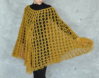 Crocheted Alpaca Poncho: Loose Knit Wool Cape, Mustard Yellow
