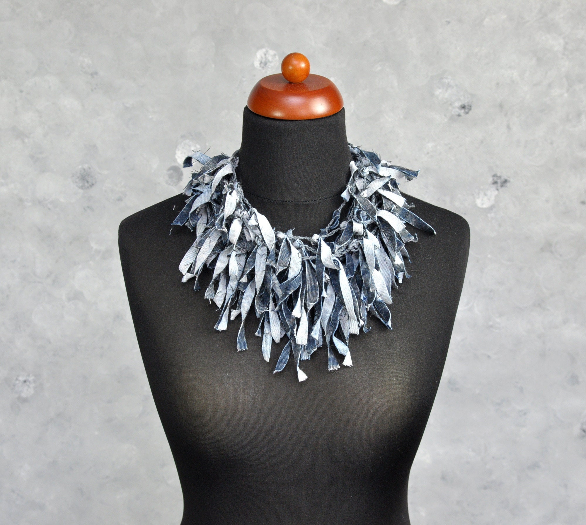 Boho bib necklace made of recycled denim, Upcycled denim necklace for women, Handmade statement necklace, Unique gift for friend