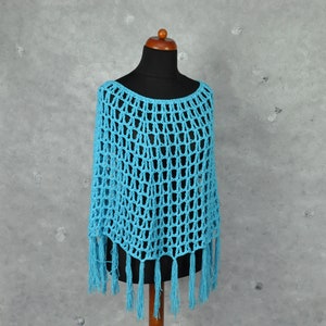 Handmade Neon Blue Crochet Poncho: Boho Fringe Cotton Beach Cover-Up