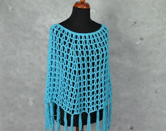 Handmade Neon Blue Crochet Poncho: Boho Fringe Cotton Beach Cover-Up