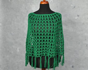 Kelly green crochet cotton fringe poncho woman clothing, Crochet clothing gift idea for friend or daughter, Openwork summer cape.