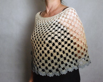 Crocheted Cotton Blend Poncho: Beige Gray Ombre Lace Cover Up