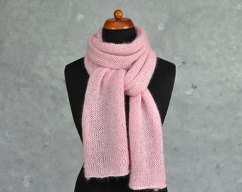 Pale pink hand knit cashmere mohair scarf women, Knitted long scarf, Skinny scarf gift for friend