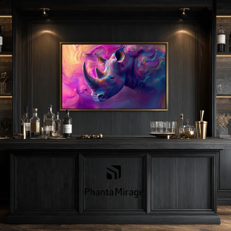 Colorful Surreal Rhino Wall Art, Abstract Fantasy Creature Print, Vibrant Interior Decor, Dreamlike Statement Poster image 15