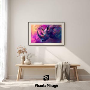 May include: A framed art print depicting a colourful, abstract rhino. The artwork shows a rhino's head with a horn, created with swirling shades of pink, purple, blue, and yellow. The print is displayed above a wooden bench.