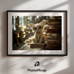 Impressão de Arte Scriptorin Paper Cat por PhantaMirage • Pôster de Fantasia Divertido • Arte de Parede para Biblioteca Mágica