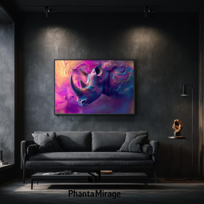 May include: A framed artwork of a rhino head in shades of purple, blue, and pink. The artwork is displayed above a dark grey sofa in a modern living room. The image has the text "Phanta Mirage" at the bottom.