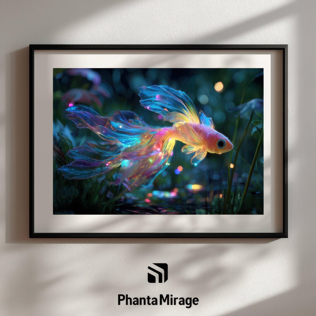 Glowing Fantasy Fish Print, Surreal Ocean Wall Art, Bioluminescent ...