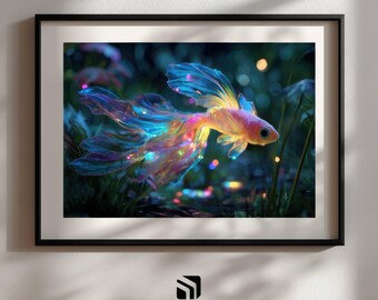 Glowing Fantasy Fish Print, Surreal Ocean Wall Art, Bioluminescent Aquatic Decor