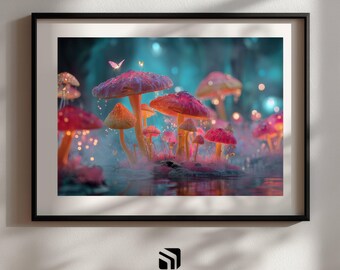 Glowing Mushroom Print • Surreal Fantasy Forest Wall Art