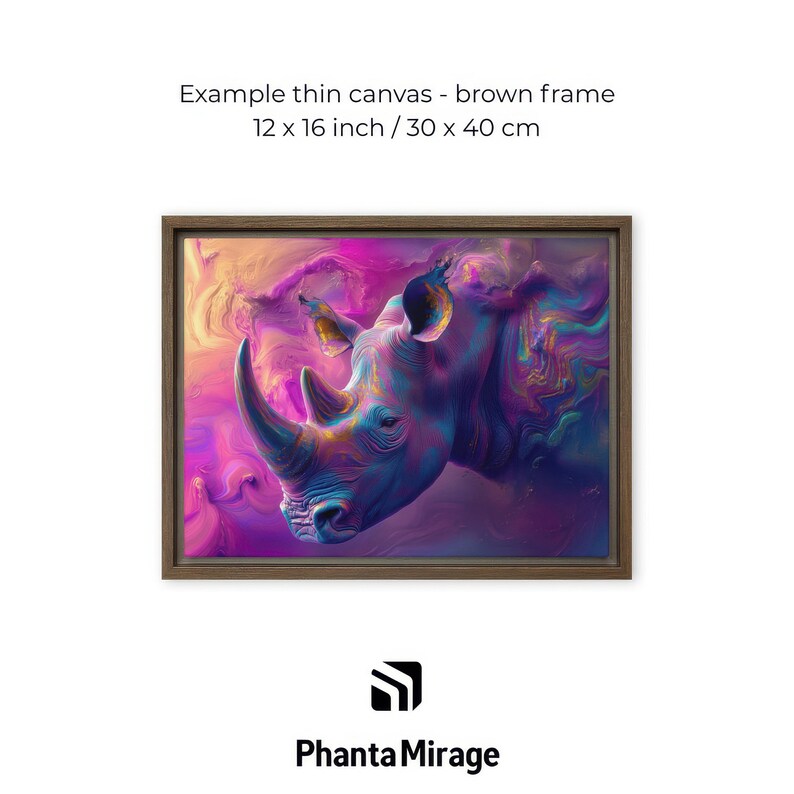 May include: A framed canvas print with a brown frame, showcasing a rhino illustration. The artwork measures 30 x 40 cm. The rhino is rendered in shades of blue, purple, and pink, creating a vibrant and artistic piece.