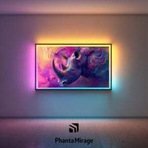 May include: A framed artwork showing a colourful rhino portrait. The rhino is rendered in shades of purple, blue, and pink, against a swirling, abstract backdrop. The frame is lit with a gradient of colours, from yellow to blue. The brand name "Phanta Mirage" is at the bottom.