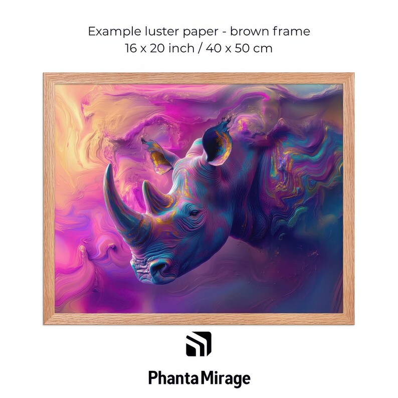May include: A framed art print with a colourful rhino illustration. The rhino is in blue, purple, and gold against a pink and purple background. The brown frame surrounds the artwork. The print size is 40 x 50 cm.
