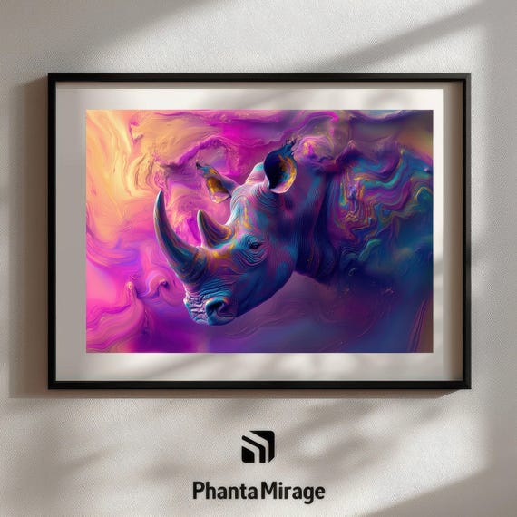 Colorful Surreal Rhino Wall Art, Abstract Fantasy Creature Print, Vibrant Interior Decor, Dreamlike Statement Poster