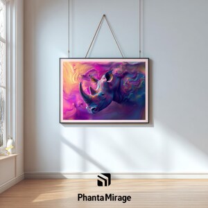 Colorful Surreal Rhino Wall Art, Abstract Fantasy Creature Print, Vibrant Interior Decor, Dreamlike Statement Poster image 4