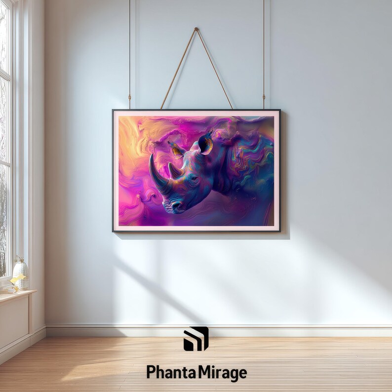 Colorful Surreal Rhino Wall Art, Abstract Fantasy Creature Print, Vibrant Interior Decor, Dreamlike Statement Poster image 4