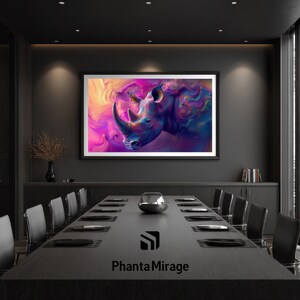 May include: A colourful framed artwork of a rhino's head, with swirling purple, blue, and pink hues. The artwork hangs above a long conference table in a modern office. The text "Phanta Mirage" is visible on the table's surface.