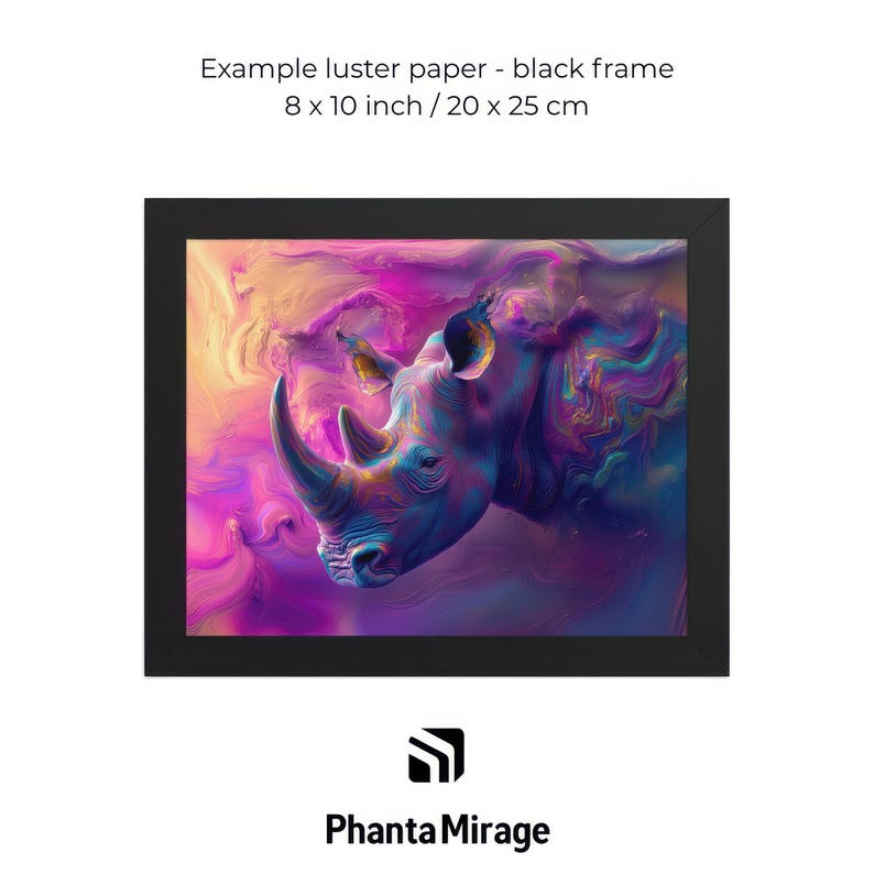 May include: A framed art print with an abstract rhino design in blue, purple, and yellow hues. The artwork is presented in a black frame, measuring 20 x 25 cm. The text "Example luster paper - black frame" is visible.