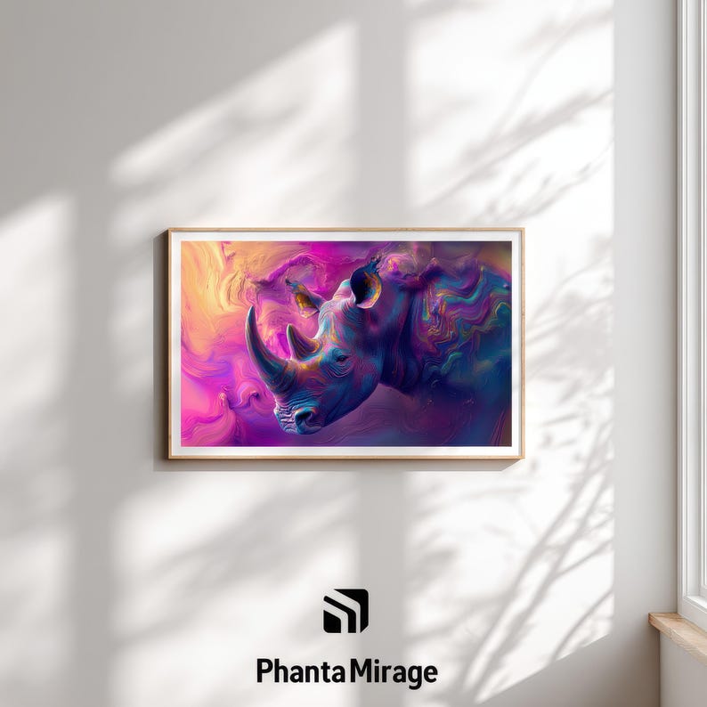 May include: A framed art print of a rhinoceros, rendered in an abstract style with a vivid colour palette. The artwork uses shades of pink, purple, blue, and yellow to create a dynamic image. The print is presented in a light-coloured wooden frame, suitable for any room.